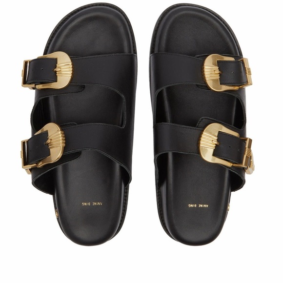 Anine Bing Waylon Slides - Black and Gold Buckle leather Sandals - Picture 3 of 16